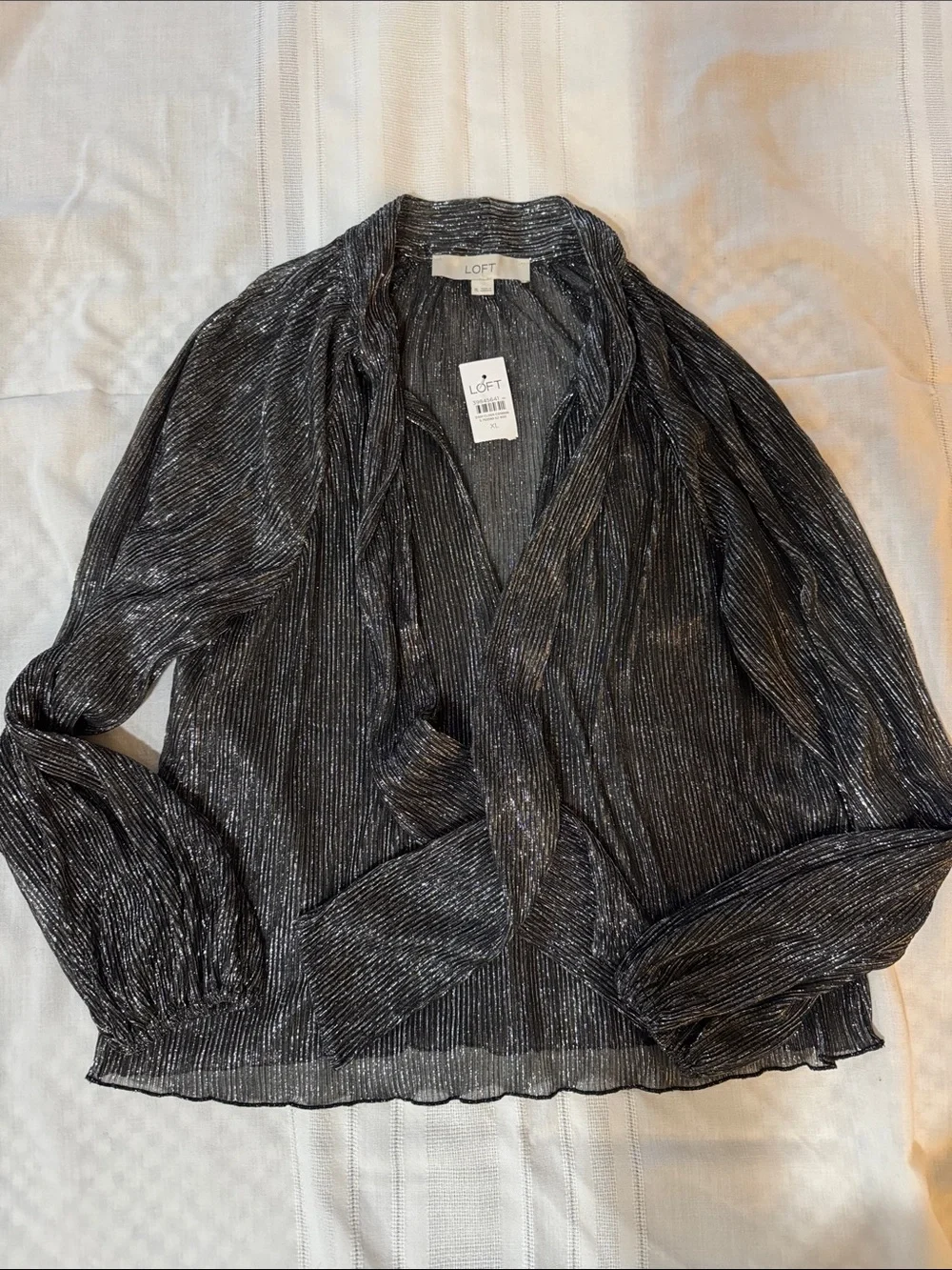 LOFT Metallic Black Pleated V-Neck Blouse